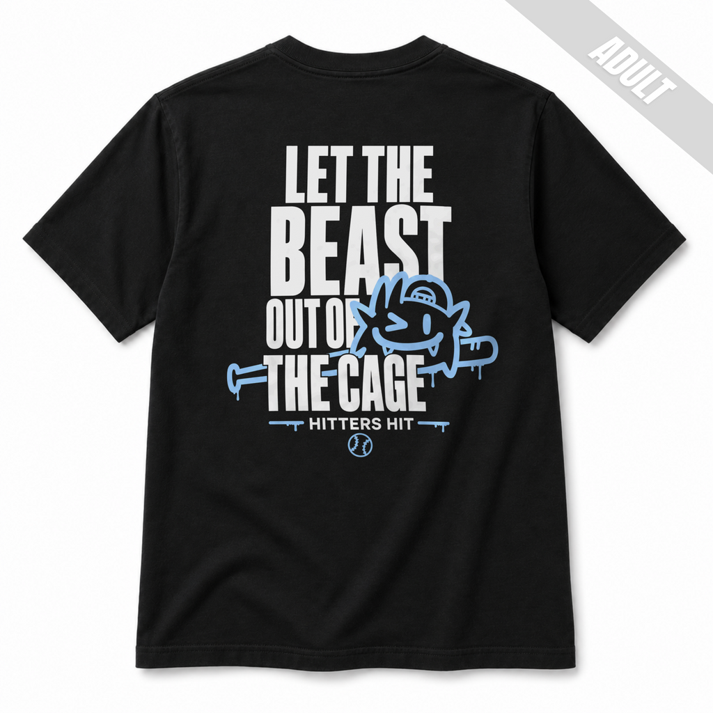 Black adult baseball graphic T-shirt with large back design reading "Let the Beast Out of the Cage" in white and light blue.