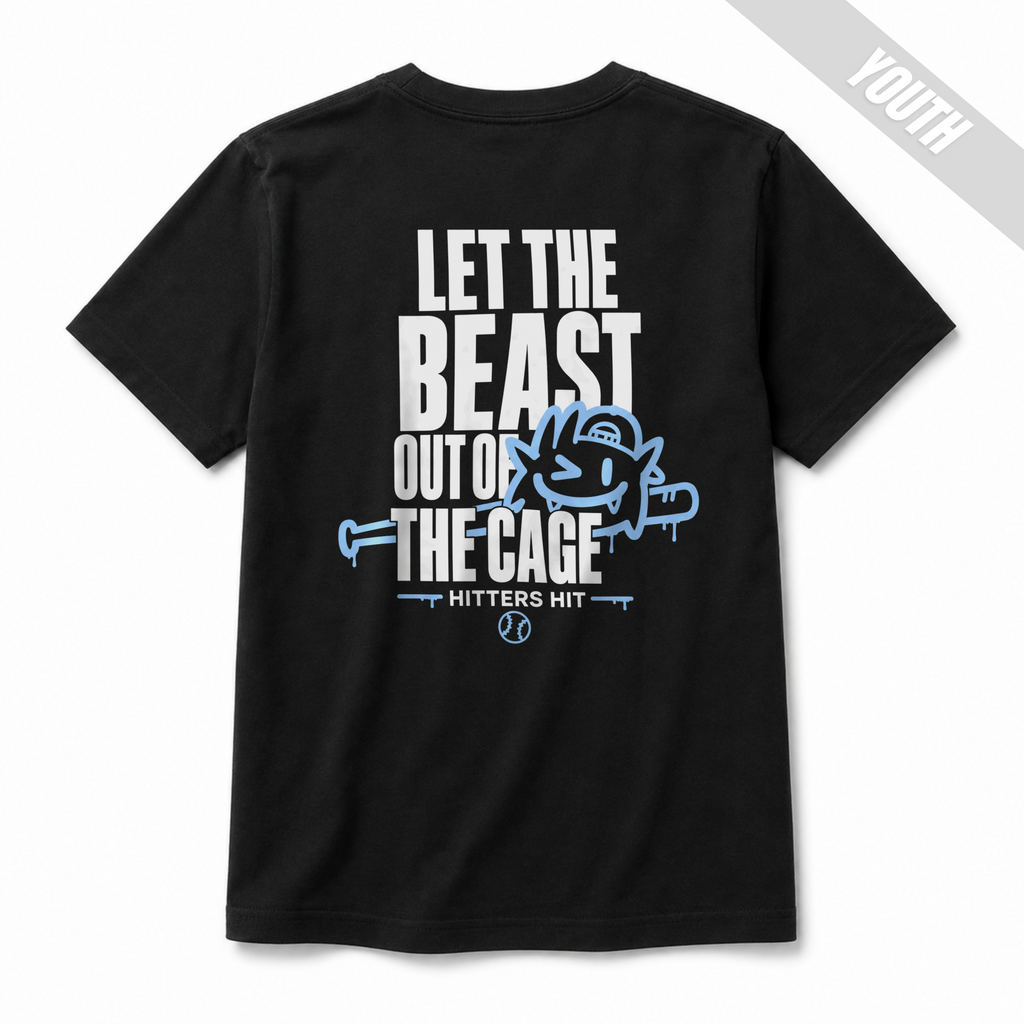 Black youth baseball T-shirt shown from the back with large "Let the Beast Out of the Cage" graphic in white and light blue.