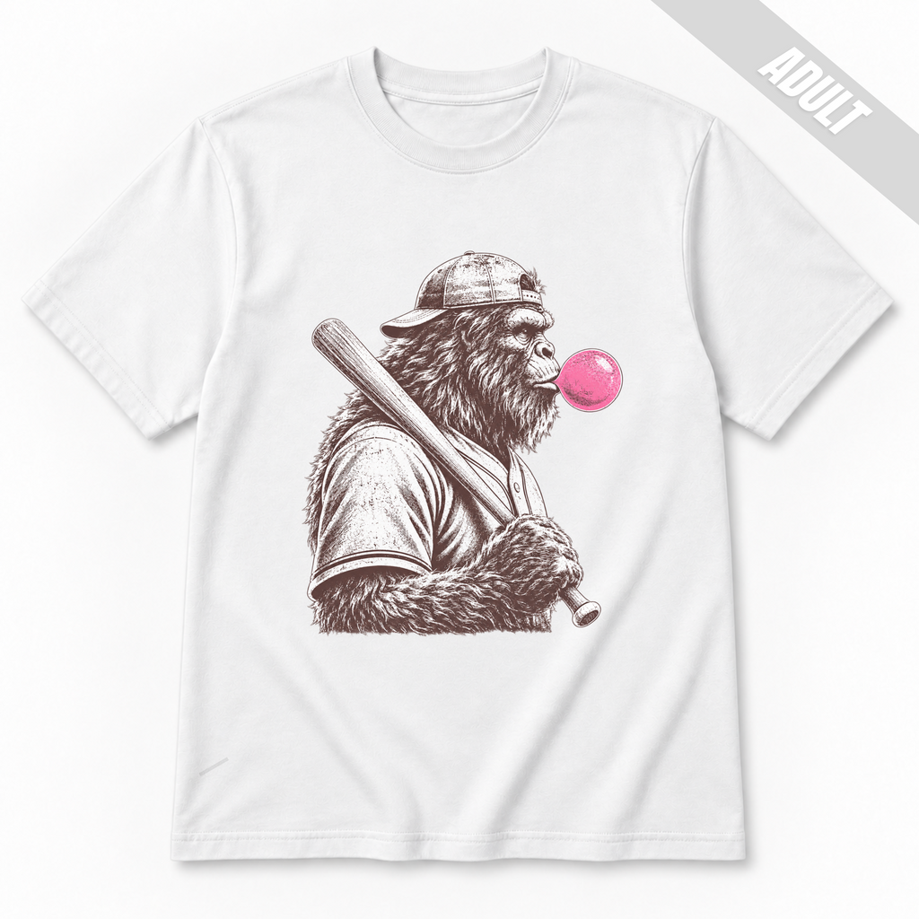White adult baseball T-shirt featuring a vintage-style Bigfoot holding a baseball bat and blowing a bright pink bubble.