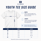 ElleMaxx youth T-shirt size chart showing width and length measurements for youth sizes XS through XL.