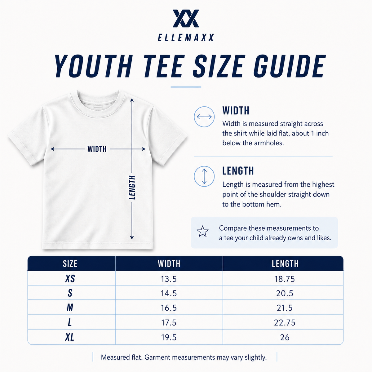 ElleMaxx youth T-shirt size chart showing width and length measurements for youth sizes XS through XL.