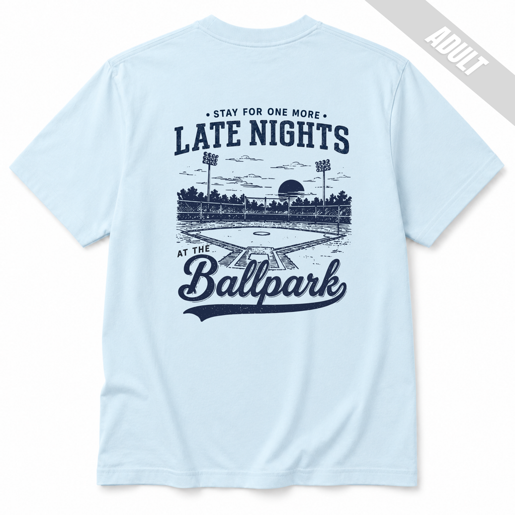 Chambray adult baseball T-shirt with navy Late Nights at the Ballpark vintage baseball graphic printed on the back.