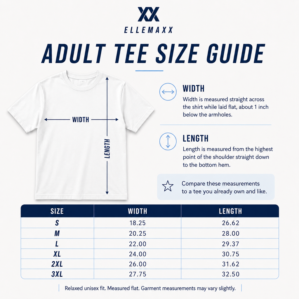 ElleMaxx Adult unisex T-shirt size guide showing garment width and length measurements for sizes S through 3XL.
