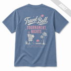 Back view of an adult Washed Denim baseball T-shirt with a large vintage Travel Ball Tournament Nights graphic in off-white and pink with palm trees, sunset, and retro travel ball design details.